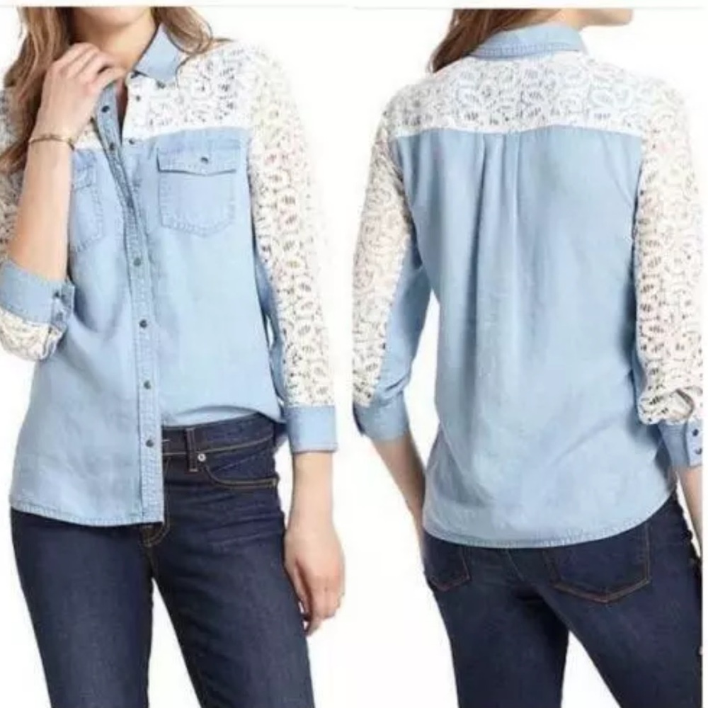 Anthropologie Postmark 9-H15 STCL Denim Lace Button Down Size 2 Cottagecore